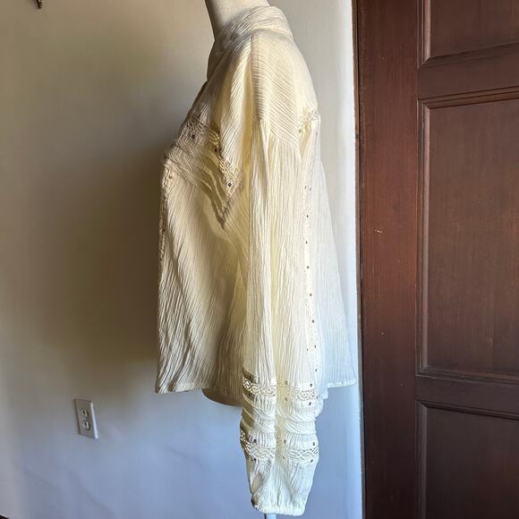 Free People Summer Stars Cream Gauze Boxy Button Down Blouse Boho Small - Picture 4 of 7